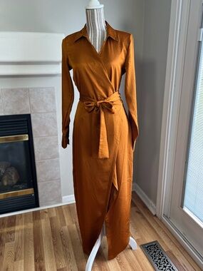 Rust Wrap Maxi Dress with Tie Waist